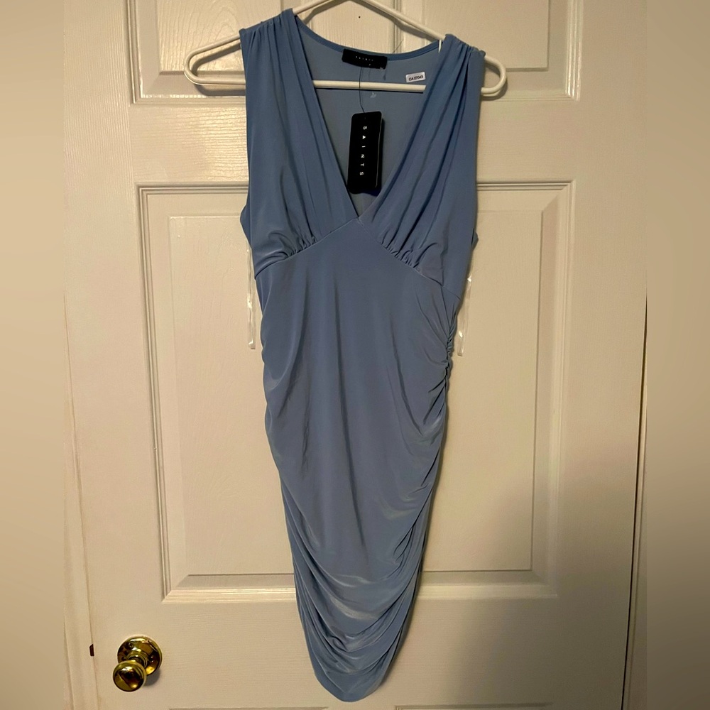 21 Saints pale blue Halter Dress Side Ruched Bodycon Asymmetrical Size L. BNWT